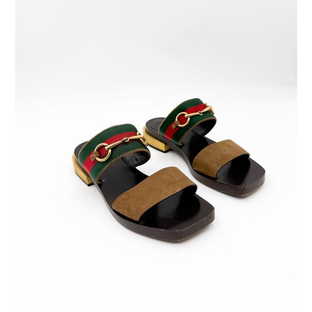 Gucci Horsebit Leather Sandals Web Stripe Mule Block Heel 36.5, 6.5